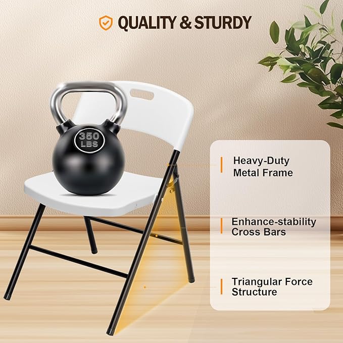 VINGLI Folding Chairs, Plastic Foldable Chair, Capacity up to 350 lbs, Portable Seating for Indoor Outdoor Events Parties Camping Work School Commercail (8, White)