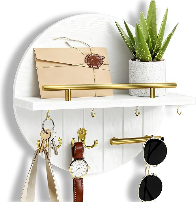 OurWarm Key Holder Wall Mount, 11.8 Inch White Decorative Key and Mail Holder Organizer with 8 Key Hooks, Round Wooden Key Rack Key Hanger with Shelf for Wall Entryway Boho Home Decor