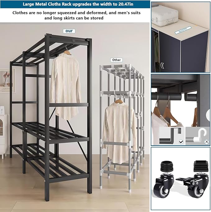 Heavy Duty Covered Clothes Rack with Magnetic Door Foldable Portable Wardrobe Closet for Hanging Clothing Rolling Black Metal Garment Rack on Wheels Closet System (Navy Blue, 66.2in)