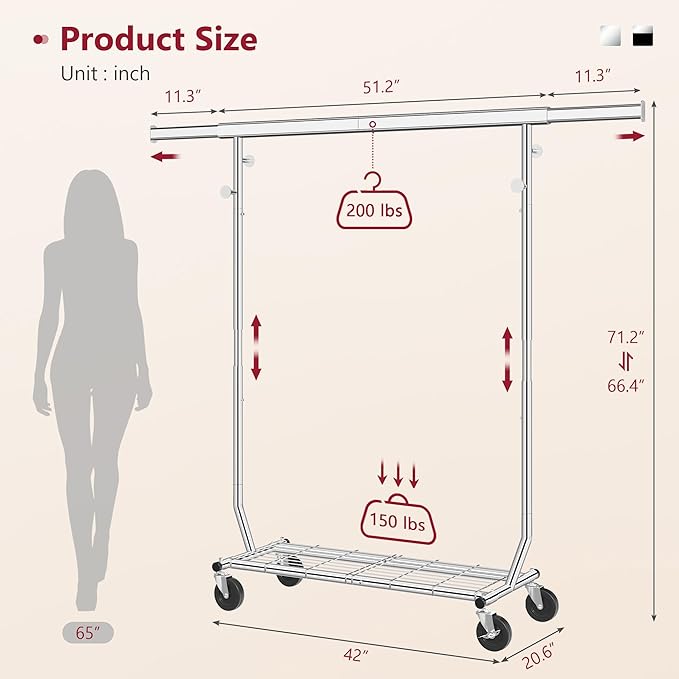 Tajsoon Clothes Rack Heavy Duty Load 350 LBS, 73.8' Extendable & Adjustable Collapsible Clothing Rack for Hanging Clothes, Rolling Garment Rack with Lockable Wheels for Bedroom, Plating Chrome