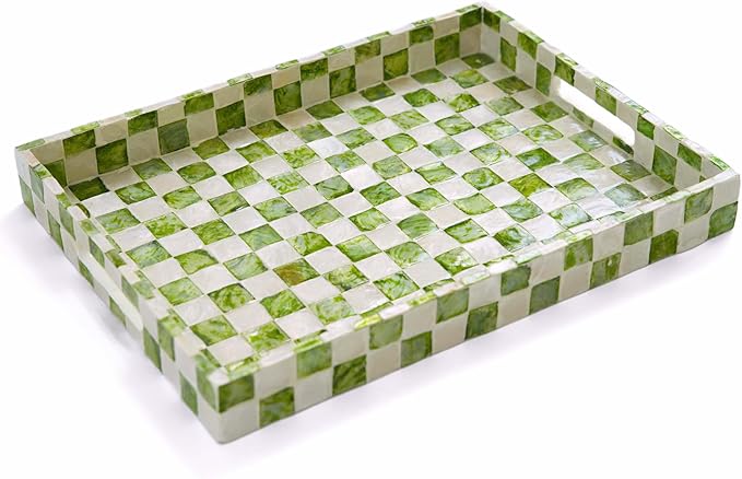 CHI AN HOME 15.8" x 11.8" Decorative Rectangular Tray with Natural Capiz Shells, Checkered Tray with Handles, Serving Tray for Ottoman, Coffee Table, Kitchen Counter Home Decor (Pistachio Green)