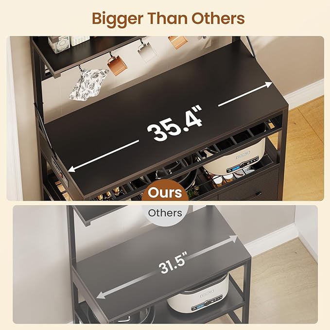 Itaar Bakers Rack with Storage and Power Outlet, 35.4 inch Coffee Bar Cabinet, Microwave Stand Kitchen Cabinet with Hutch, LED Lights, Wine Rack and Hooks (Black)