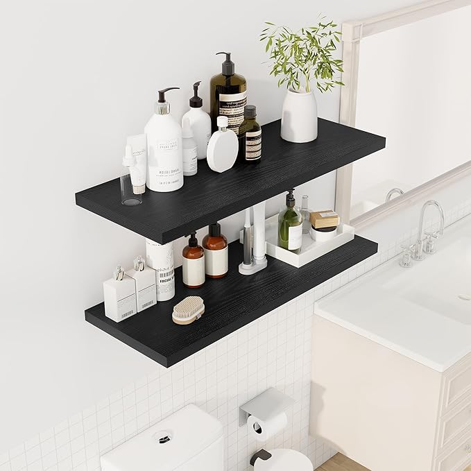 Dreamland 36" Floating Shelves for Wall, 12" Deep Slim Black Floating Shelves,Wall-Mounted Shelves for Bedroom, Living Room, Kitchen, Bathroom - Set of 2