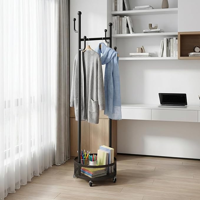 Rolling Coat Rack with Wheels, Freestanding Garment Rack with 6 Hooks & Mesh Storage Basket, Portable Clothing Rack Stand for Entryway, Bedroom, Closet(Black)