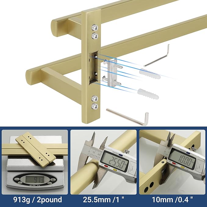 SAYAYO Double Towel Bar for Bathroom, 24 Inch Brushed Gold Bath Towel Rack Towel Holder Wall Mounted, SUS304 Stainless Steel