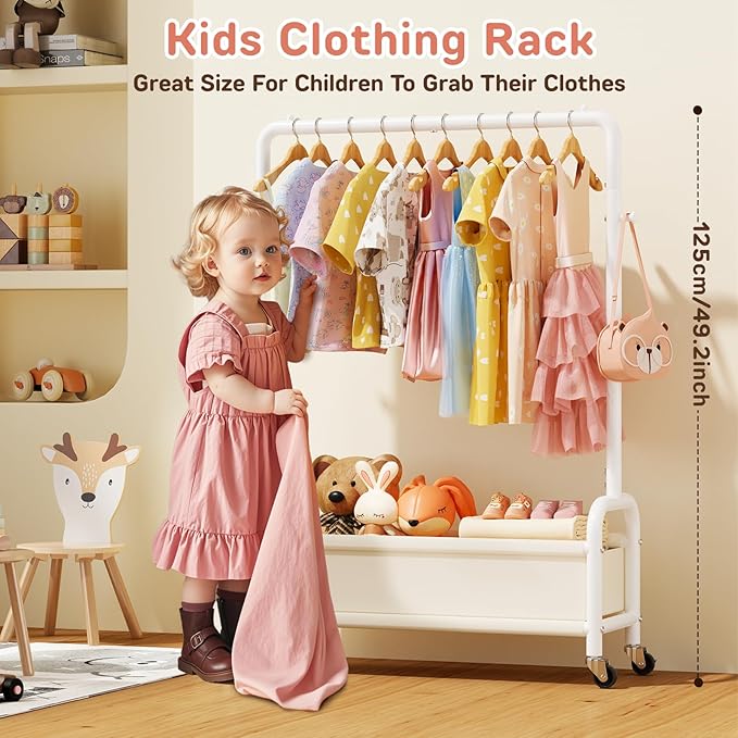 Kids Clothing Rack with Storage Shelf & Wheels, Kids Dress Up Rack Storage for Coats, Small Baby Garment Rack for Hanging Clothes, Toddler Wardrobe Closet Organizer for Kids (Classic, White)