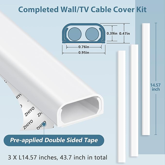 Wire Covers for 2-3 Cords, 43.7in Cord Hider, Wire Hiders for TV on Wall, Paintable Cable Cover Channel, Cable Management Raceway Kit for Wall Mounted TV in Home Office, 0.95in W X 0.47in H, White