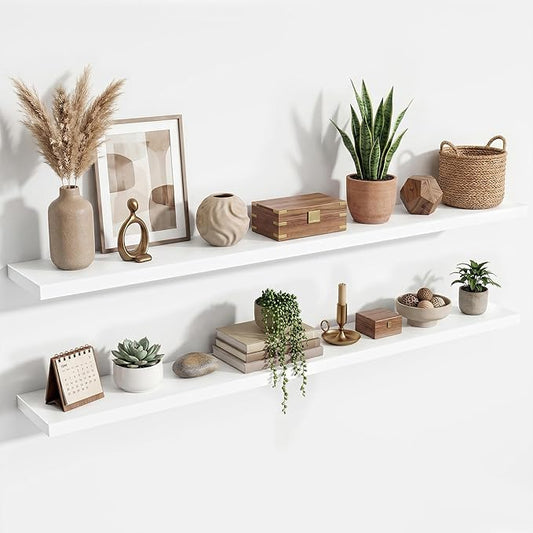 72 Inch Floating Shelves for Wall Set of 2,9.3" Deep Wall Shelves,Rustic Wood Wall Mounted Book Shelves with Invisible Brackets,Extra Long Floating Shelf for Living Room,Laundry Room,Bedroom,White