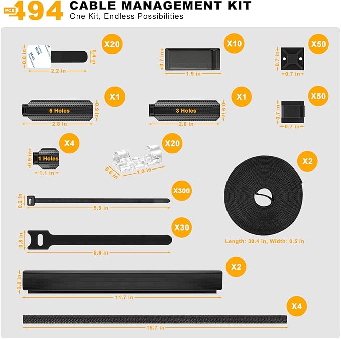 494 PCS Cable Management Kit - 4 Cable Sleeve Split, 2 Cable Organizer, 130 Adhesive Cable Clip, 6 Cable Holder, 2 Roll Cable Organizer Strap, 300 Cable Tie with 50 Mount, for Computer TV Under Desk