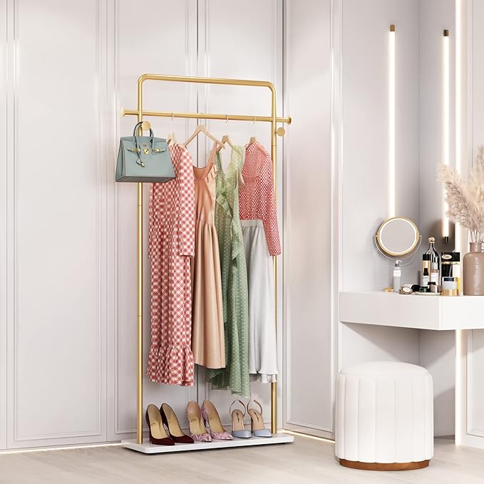 TIEOU Gold Coat Racks with Shelf, Heavy Duty Gold Clothing Racks for Boutiques, Free-Standing Metal Garment Rack for Hanging Clothes, Modern Clothes Rack Entryway