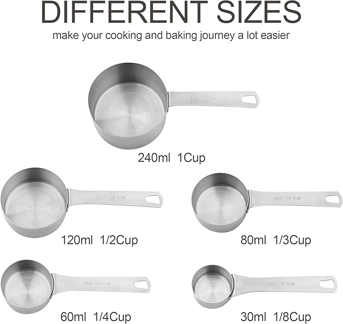 Measuring Cups Set 5, 18/8 (304) Stainless Steel Measuring Cups Set for Baking & Kitchen, Dry & Liquid Metric & US Measure Cup with 1/8 Cup & 1/3 Cups