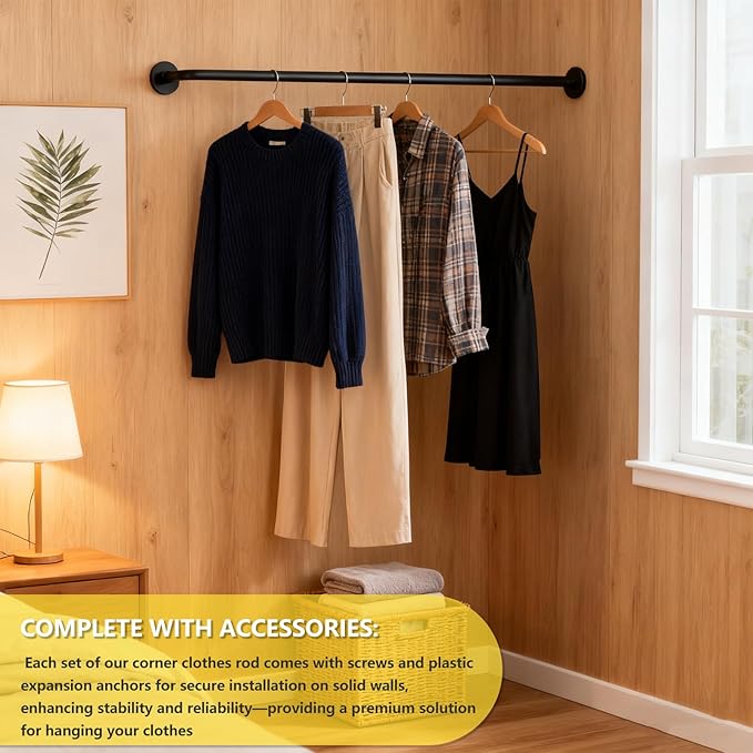 2 Pack 34 Inch Corner Garment Rod, Wardrobe Assistant Corner Angle Adjustable Wall Mounted Clothes Rack for Organizing and Displaying Everyday Attire or Seasonal Clothing