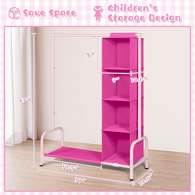 Univivi Kids Clothing Rack with Hanging Organizer, Short Toddler Dress Up Storage Rack for Hanging Clothes, Kids Wardrobe Closet for Baby Clothes, Dance Costumes, Rose Red/Pink