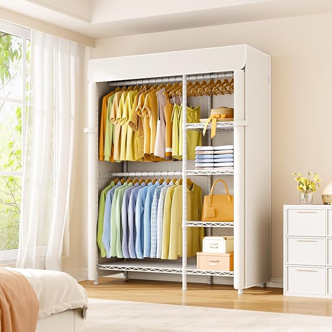 ULIFHOME F2C Clothes Rack with Cover, Clothing Racks for Hanging Clothes, Heavy Duty Garment Rack with Shelves and Hanger Rods, White Closet with Beige Cover, 47.2" W x 16.5" D x 78.3" H, Load 630lbs