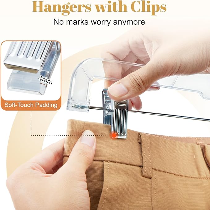 HOUSE DAY 200 Pack Pants Hangers with Adjustable Clips and 360° Swivel Hook, Non-Slip Clear Plastic Skirt Hangers for Pants, Jeans, Skirts, Trousers, Bulk Hangers for Closet Organization
