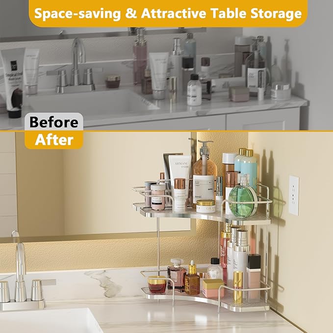 FOLLOWIN 2 Tier Countertop Corner Organizer - Corner Storage for Bathroom Counter, Makeup Cosmetics, Skincare, Perfume Stand Holder, Metal Stable Frame with Clear Acrylic Trays, Silver
