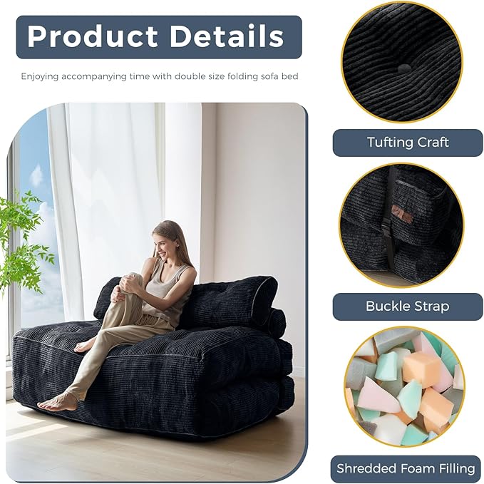 MAXYOYO Folding Sofa Bed, Convertible Chair with Pillow Foldable Couch with Back Support, Portable Fold Out Chair Bed Comfy Floor Sofa Lounge for Living Room Bedroom, Black Double