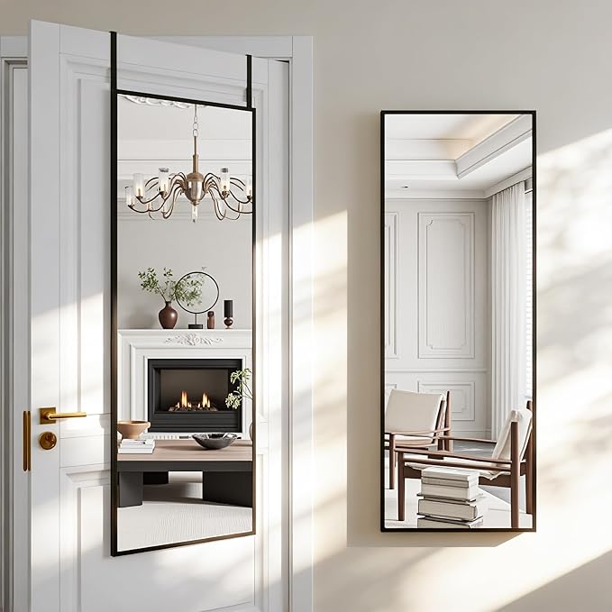 Antok 58''x 20'' Full Length Mirror Over Door, 4-in-1 Standing Leaning Wall Mounted, Adjustable Hanging Mirror for Bedroom Living Room, Black, Rect Corner
