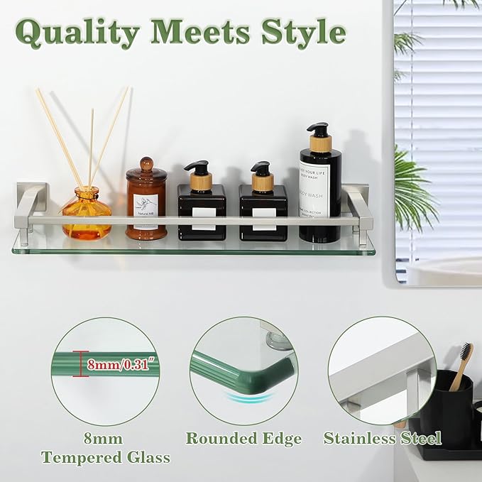 Alise Glass Shelf for Bathroom 20 inch, Brushed Nickel Glass Floating Shelves, Stainless Steel Glass Bathroom Shelves Wall Mounted