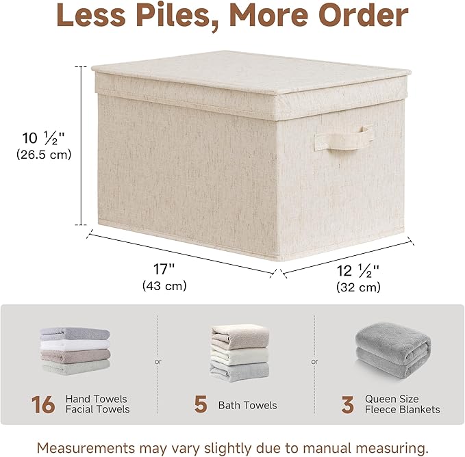StorageWorks Fabric Storage Bins with Lids, Decorative Storage Bins with Soft Handles, Foldable Storage Baskets for Closet, Shelves, Stackable and Sturdy Organization, Beige, Jumbo, 3-Pack