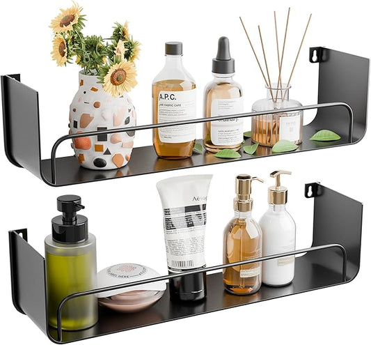 16 Inch Black Floating Shelves Set of 2, Narrow Iron Bathroom Shelves with Guardrail, U-Shaped Wall Mounted Shelf for Home Decor&Organizer, Display Shelf for Bathroom,Kitchen,Bedroom&Any Room