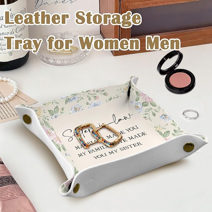 Sister in Law Gifts Jewelry Valet Tray for Women, Gifts for Sister in Law PU Leather Catchall Beside Caddy Nightstand Organizer Tray for Jewelry Rings Watches Keys and Accessories, 7.87x7.87in