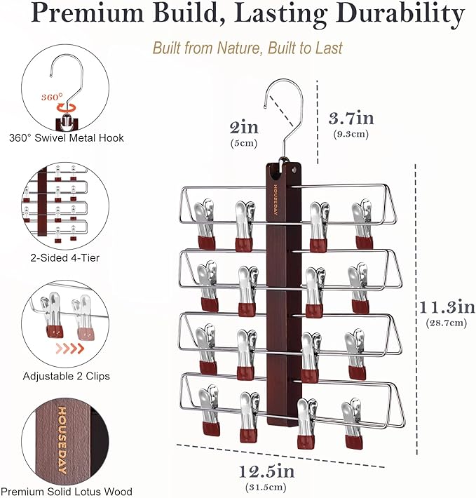 HOUSE DAY Skirt Hangers Space Saving 1 Pack, Double Row 4-Tier Non-Slip Hangers with Clips for Skirts, Shorts, and Pants - Lotus Wood Clip Hanger for Women - Closet Organizers and Storage (Mahogany)