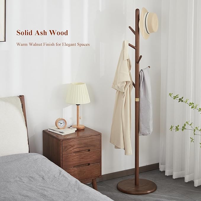 Coat Rack, Solid Wood Coat Rack Freestanding with 6 Hooks, Wooden Coat Tree Freestanding for Hats, Handbags, Coat Stand for Entryway, Bedroom, Hallway - Ideal Gift (Walnut)