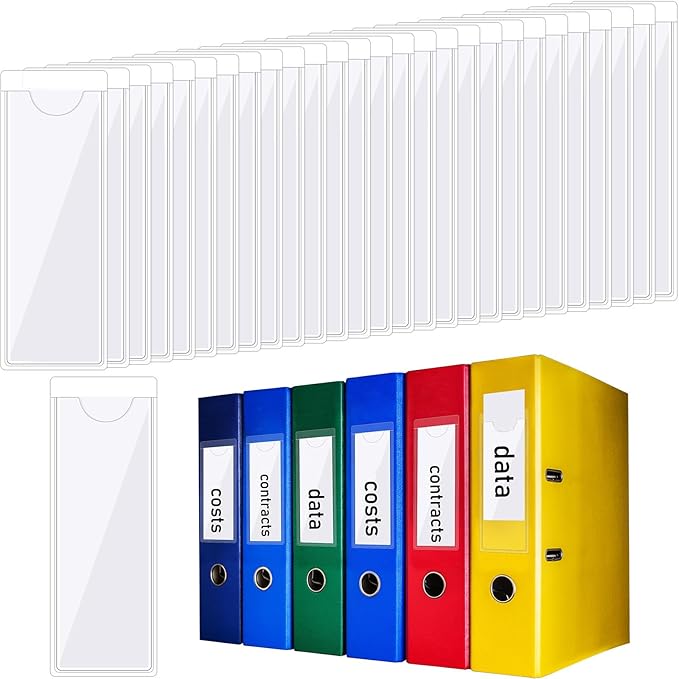 Outus 200 Pack 1.2 x 3.35 Inch Self Adhesive Label Pockets Bulk Plastic Labels Holders for Storage Bins Clear Classroom Nameplate Sleeves Index Card Tote Photos Waterproof Protect Office
