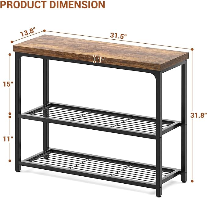 Besiost 32" Small Console Table with Storage, 3-Tier Industrial Narrow Entryway Table with Mesh Shelves, Sofa Table Behind Couch for Hallway Foyer Living Room, Sturdy Metal Frame, Rustic Brown
