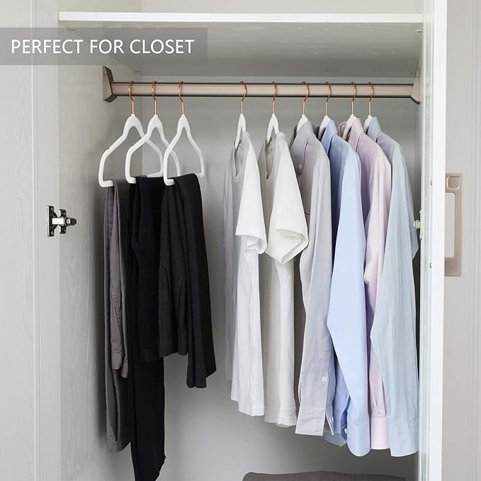 MIZGI Premium Velvet Hangers (60 Pack) Heavy Duty - Non Slip Felt Hangers - Velvet Suit Hangers White - Rose Gold Hooks,Space Saving Clothes Hangers