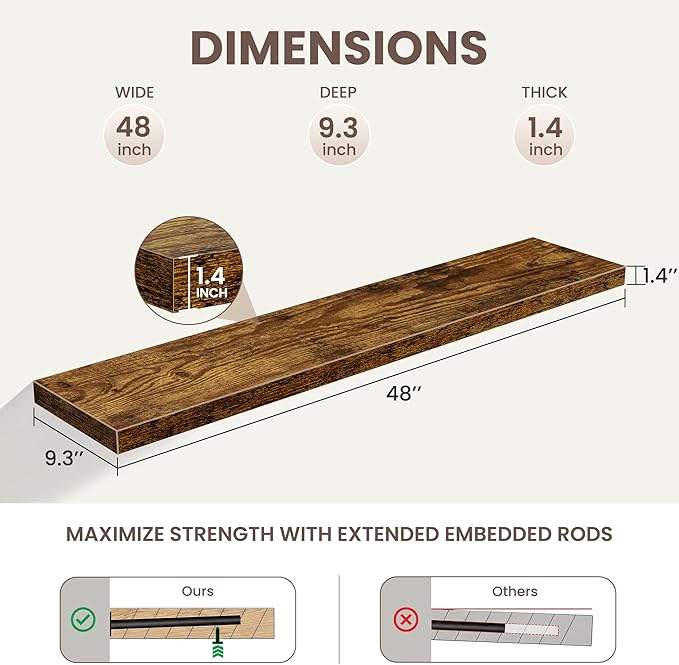 Floating Shelves for Wall,48 Inch Wall Mounted Rustic Wood Shelves,9.3" Deep Wall Shelf with Invisible Brackets,Deep Floating Shelf for Bathroom,Bedroom,Living Room,Book/Storage/Decor,Rustic Brown