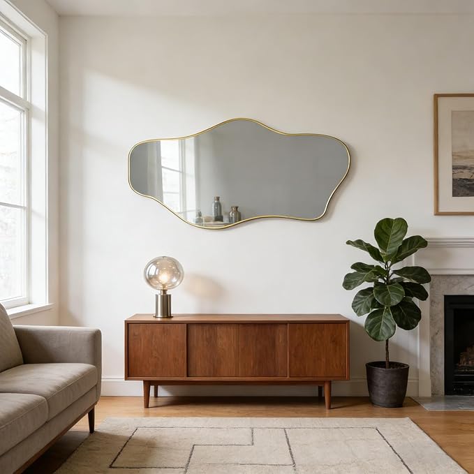Gold Irregular Mirror, 47.2"x24" Asymmetrical Tempered Glass Mirror, Modern Abstract Frameless Wall Mirrors for Living Room Bedroom Hallway Entryway, Hangs Vertically or Horizontally
