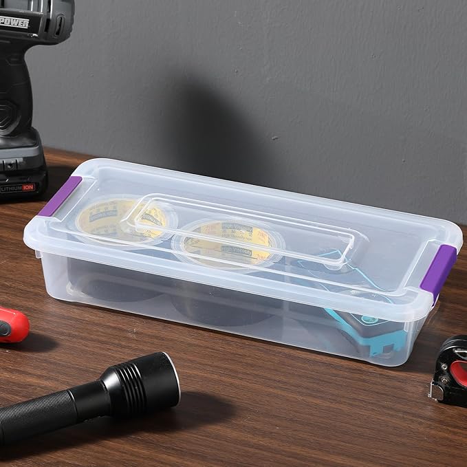 novelinks Clear Plastic Storage Bins with lids, Stackable Storage Containers, Durable Craft Storage Boxes, Organization Containers for Home Office (4 Quart 8 Pack Purple)