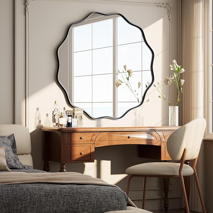 Round Wavy Mirror - 30 Inch Metal Frame Round Mirrors Wavy Edge Circle Mirror for Bathroom Bedroom Living Room Entryway Black