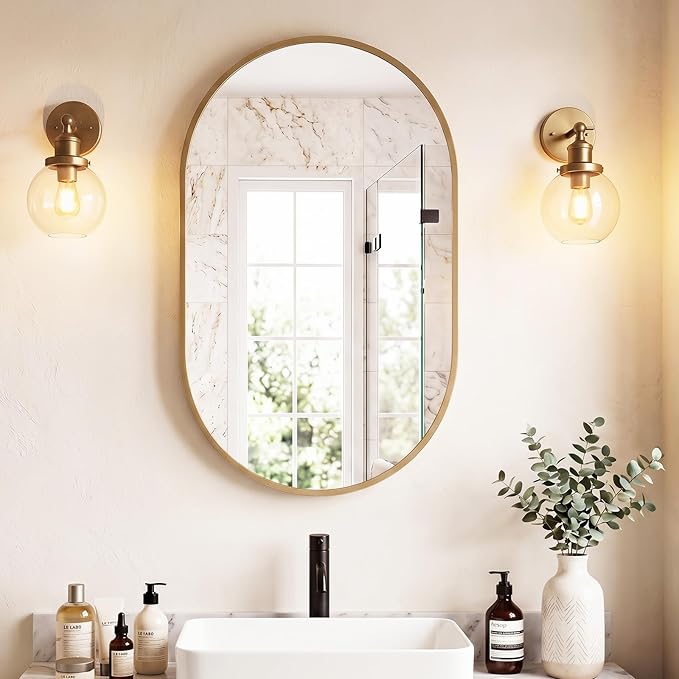 Sweetcrispy 24" x 36" Gold Bathroom Mirror for Wall, Oval Wall Mirror with Metal Frame, Tempered Glass, Modern Vanity Mirror for Over Sink, Living Room, Bedroom, Entryway, Horizontal or Vertical