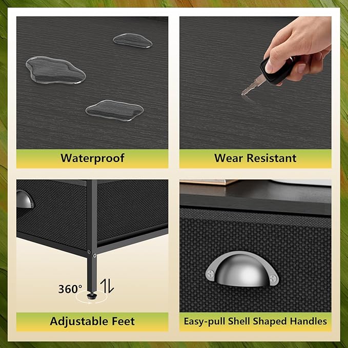 Night Stand, End Table with 2 Drawers Nightstand for Bedroom, Small Fabric Dresser Organizer, Bedisde Table Side Table with Open Storage Shelf, Black