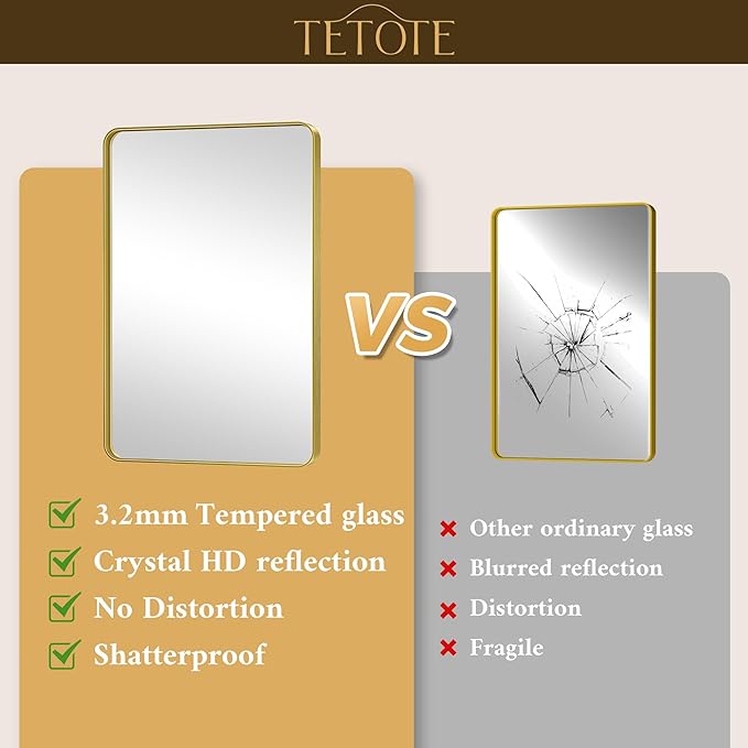 TETOTE 24 x 30 Gold Bathroom Mirror Brushed Gold Metal Framed Vanity Mirror, Tempered Glass, Wall Mounted for Bathroom, Entryway, Bedroom, Living Room(Horizontal/Vertical)