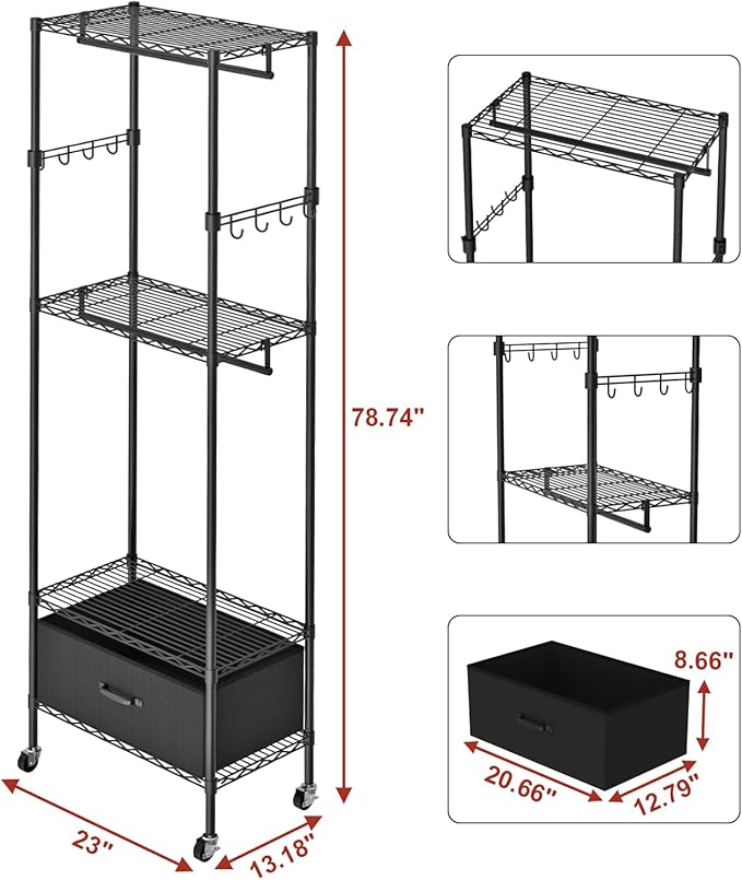 VyGrow Clothes Rack, Clothing Rack for Hanging Clothes, 4 Tiers Adjustable Closet Organizer System with Drawer | Double Rods | Side Hooks | Load 445lbs | 23" L x 13.18" W x 78.74" H | Black