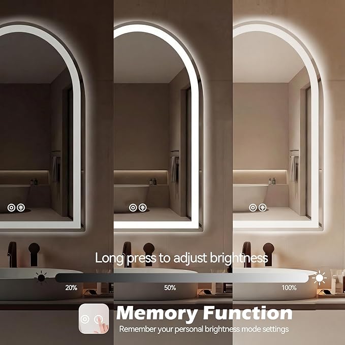 Sweetcrispy 24"×36" LED Arched Bathroom Mirror with Lights, Arched Lighted Bathroom Vanity Mirror with Anti-Fog, Dimmable, 3-Color Light, Memory Function, Tempered Glass