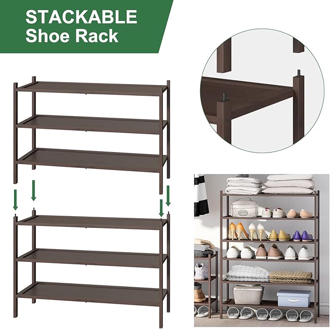 kiplant Bamboo Shoe Rack for Entryway, 3-Tier Stackable | Foldable | Natural, Shoe Organizer for Hallway Closet, Free Standing Shoe Racks for Indoor Outdoor