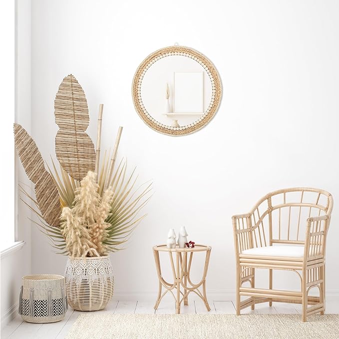 18 Inch Boho Round Hanging Wall Mirror Decorative Rattan Circle Mirrors for Farmhouse, Living Room, Bedroom