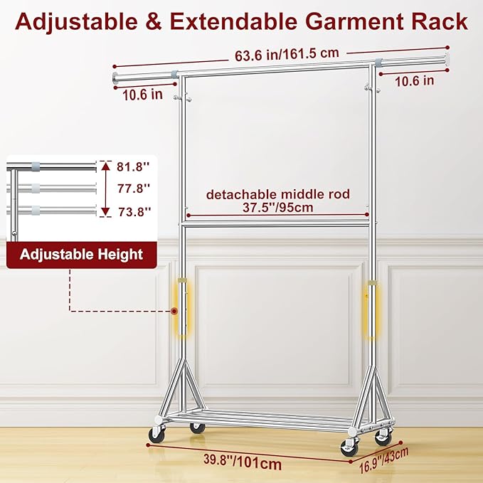 100% Stainless Steel Heavy Duty Clothes Rack Load 860LBS, Adjustable Height Double Rods Clothing Racks for Hanging Clothes, Rolling Garment Rack With Sturdy Wheels Shelf, Portable Closet Wardrobe Rack