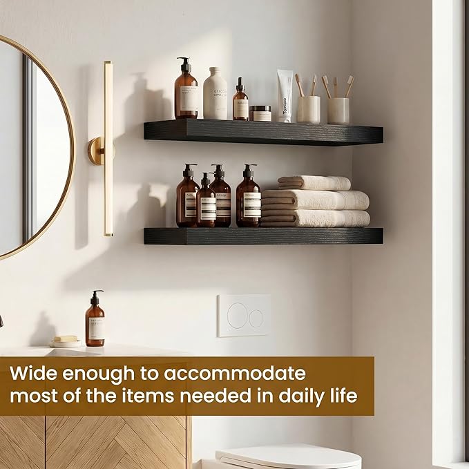 Dreamland 18" Floating Shelves, Rustic Wooden Black Wall Shelves for Bathroom|Bedroom|Kitchen, Deep Wall Mounted Book Shelf, Wood Storage Display Shelf for Home Decor, Set of 2