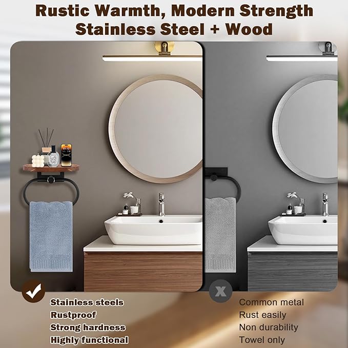 Hand Towel Ring with Shelf, Stainless Steel Hand Towel Holder, Heavy Duty Bath Accessories, Wall Mounted Towel Hanger for Bathroom Kitchen (Wood Black)