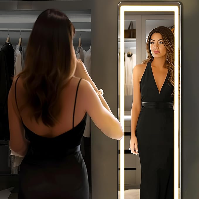 OLIXIS 16"×60" LED Full Length Mirror with Lights, Standing Lighted Floor Full Body Mirror with 3 Color Lighting, Wall Mounted Mirrors for Bedroom, Home, Entryway with Tempered Glass