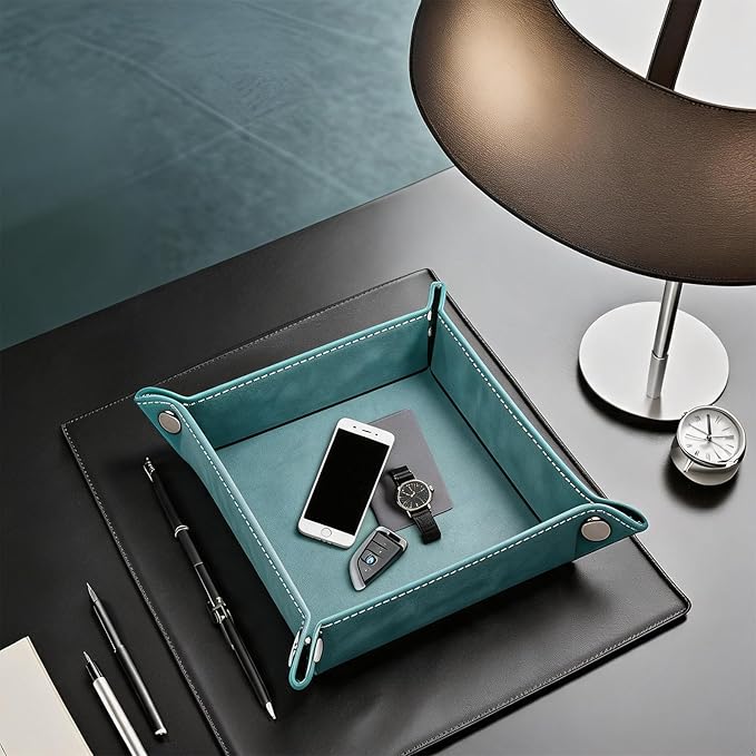 Valet Tray Desktop Storage Organizer – Vegan Leather Catchall Bedside Vanity Tray Nightstand Caddy Holder for Remote Controller, Watch, Keys, Phone, Wallet, Coin, Jewelry, Stone Green