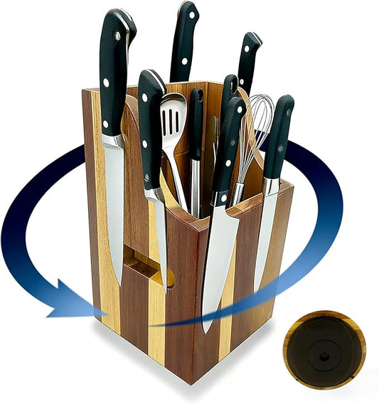 360° Rotating Magnetic Wooden Knife Block for Kitchen without Knives - Extra Large Capacity Knife Holder with Strong Enhanced Magnets Knife Storage Organizer for Knives Utensils