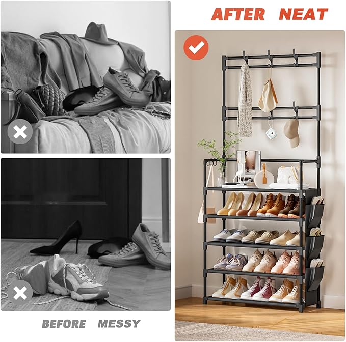 OYREL Shoe Rack 5 Tier Shoe Organizer Storage 15-20 Pairs Shoes Rack for Closet Entrance Shoe Rack Organizer with Hooks and Side Pocket Entryway Shoe Holder Space Saving Free Standing Shoe Racks
