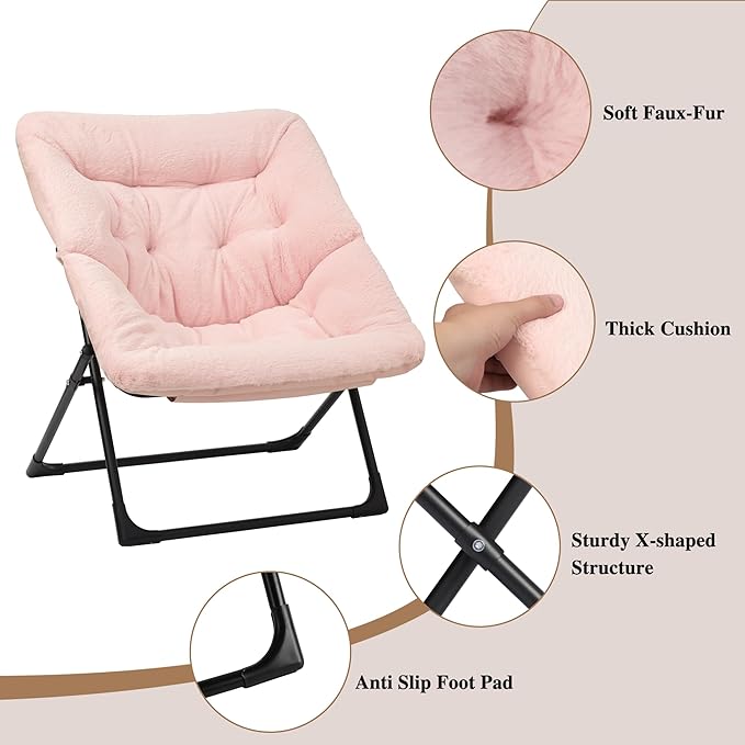 Comfy Saucer Chair for Adults, Soft Faux Fur Bedroom Chair, Accent Dorm Chairs, Flexible Living Room Reading Chairs, Oversized Folding Seat for Teens, X-Large, Light Pink